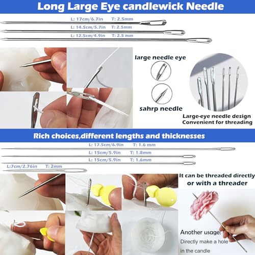 TYMKLMZG Candlewick Needle Kit with Candle Wick Trimmer 7",Mold Hook Punch Needle with Hook & Eye for Inserting Wick,Big Hole Long Needle,Candle Wick Roll 200 Ft 24 Wick Spool,Threader,Wick Holders - color: 19PCS