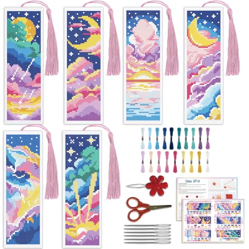 ACRNIGHEET 6PCS Cross Stitch Bookmark Kit for Beginner Colorful Clouds Stamped Cross Stitch Kits Needlepoint Kit for Adults DIY Tassel Embroidery Bookmark Kits & Instructions Craft Gift 8.5"x3" 11CT - style: Dreamy Clouds Patterns