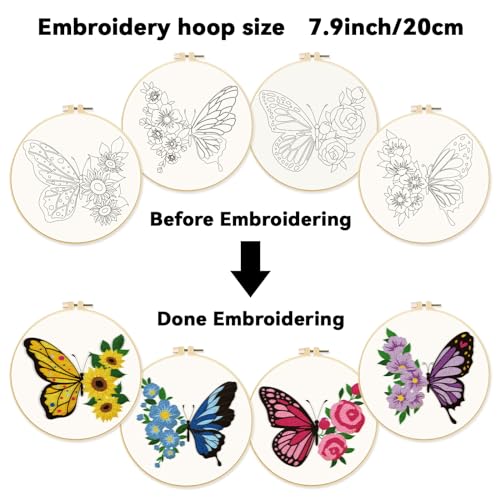 ORIGACH 4 Pack Flowers and Butterfly Embroidery Kits for Beginners, DIY Starter Hand Embroidery Kit with Floral and Butterfly Patterns and Instructions for Adults Women Crafting - color: Flowers and Butterfly
