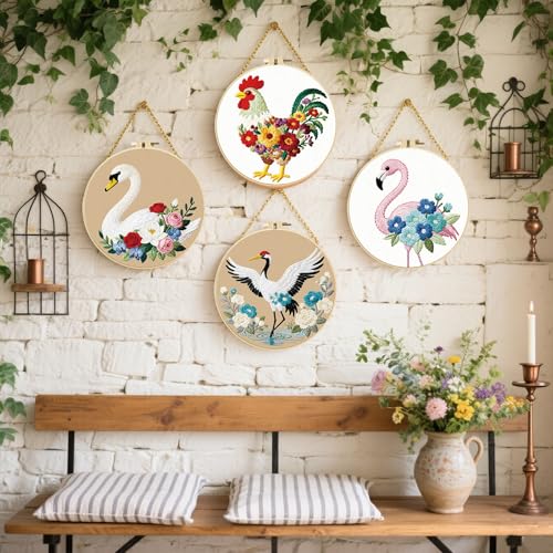 FREEBLOSS 4 Set Embroidery Kit Animals Pattern Stamped Embroidery Starter Kit with Step by Step Instructions, Colored Threads, 2 Hoops, Needlepoint Kits for Hand Craft Lovers Gift, 30cm/11.8inch - style: Birds&Flowers