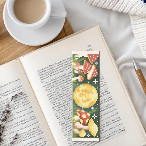 FREEBLOSS 6 Set Cross Stitch Bookmark Kit Stamped Cross Stitch Kit Mushroom Bush Embroidery Set with Instruction for Adults 8''*2.4'' - style: Mashroon Moon