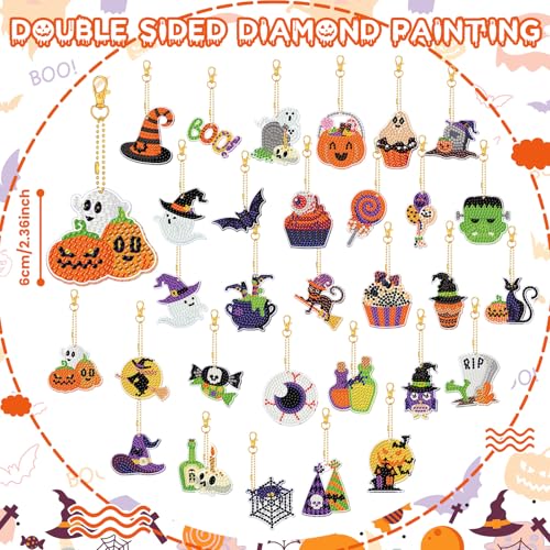 WILLBOND 30 Pcs Glow in Dark Halloween Diamond Art Keychain Ornaments - color: Glowing