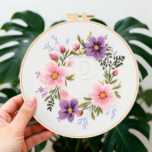 Zerzsy 7.87 '' Embroidery Kits Plant Flower Leaf English Letter Patterns for Beginners Adults, Easy to Learn Cross Stitch Kit for Home Office Decor - color: Letter P