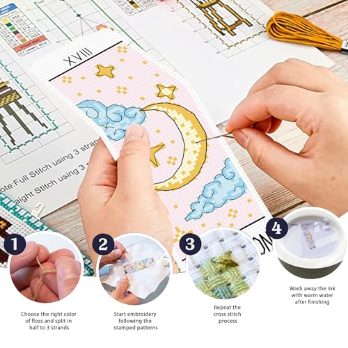 FREEBLOSS 6 Set Cross Stitch Bookmark Kit Stamped Cross Stitch Kit Tarot Cards Theme Embroidery Set with Instruction for Adults 8''*2.4'' - style: Tarot