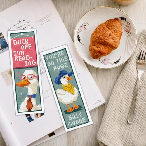 INFUNLY 6PCS Duck Cross Stitch Bookmark Kit for Beginners 2.99''×8.54'' Duckling Stamped Embroidery Bookmark Kits with Words Animals Needlepoint Bookmark Kit with Instruction for Book Lovers Readers - style: Duck