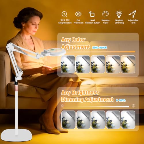 4In1 Floor Magnifying Lamp with Light, 12X 30X Glass Magnifier Black - color: White, size: 12x 30x