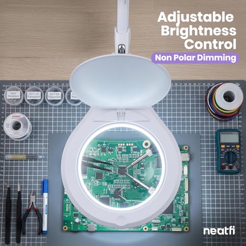 Neatfi Elite Super LED Magnifying Lamp with Clamp – 6” Glass Lens, 2.25X/4X Bifocal, 6500K Daylight | Glare-Free, Nonpolar Dimming | Reading, Crafting & Precision Work (6 Inch Lens, White) - color: White, size: 6 Inch Lens