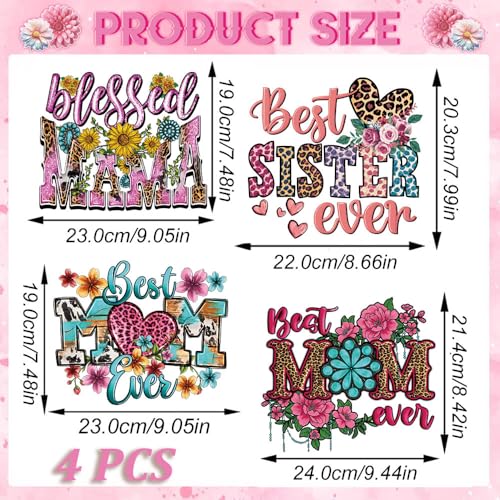 4 Packs Best Mom Iron on Transfer Patches, Mother’s Day Heat Transfer HTV Vinyl Decals Mama Theme DTF Transfer Ready to Press Waterproof Iron on Appliques for T-Shirt Fabric DIY Project Mom Gifts - color: Mother Day B