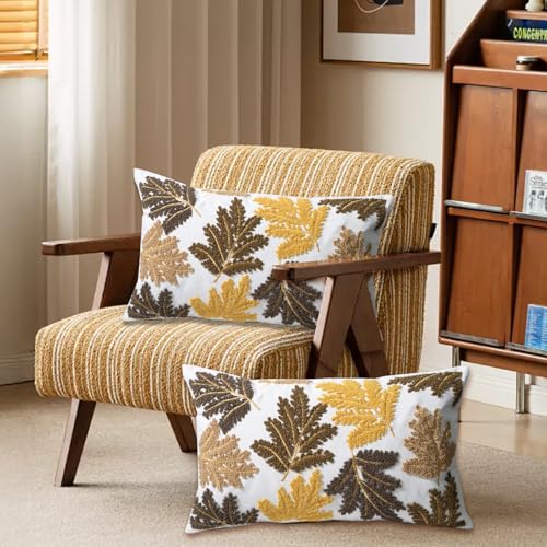 Set of 2 Embroidered Decorative Throw Pillow Covers Couch Square Pillowcases Cushion for Bedroom Sofa Farmhouse Decor 18x18 Inch (Yellow Maple Leaf-Lumbar) - color: Yellow Maple Leaf-lumbar