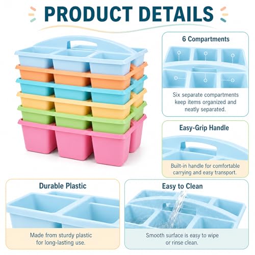 6 Pack Classroom Caddy with Handle, 6 Compartment (Pastel) - color: Pastel