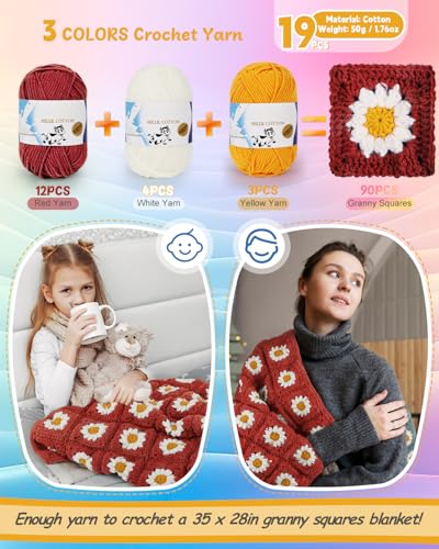 Coopay Crochet Kit for Beginners, Granny Square Crochet Blanket Kit, Red - color: Roman Red - Daisy