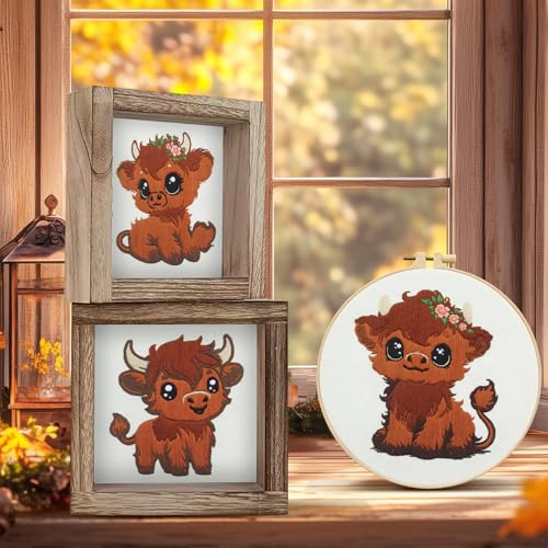 Kuabiz 5 Sets Highland Cow Embroidery Kits for Beginners Cross Stitch Kit for Adults Highland Cow Pattern Embroidery Starter Kit Embroiderys Hoop Needlepoint Kits with Instruction Needles Threads - style: Highland Cow