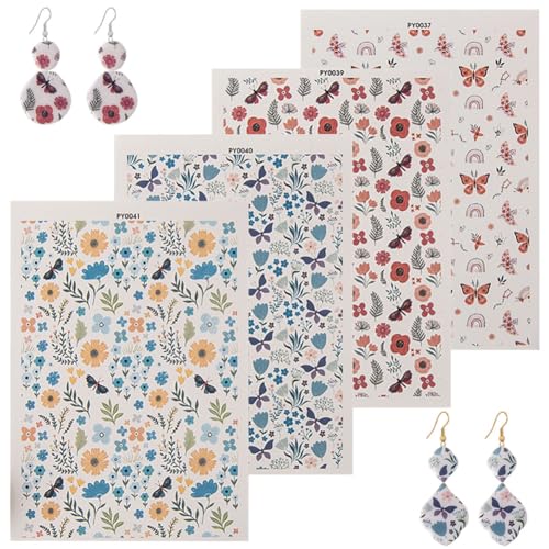 KABAKE Polymer Clay Transfer Paper 4 PCS Colorful Flowers Water Soluble Transfer Sheet for Earrings Jewelry Making - color: Butterfly Flower