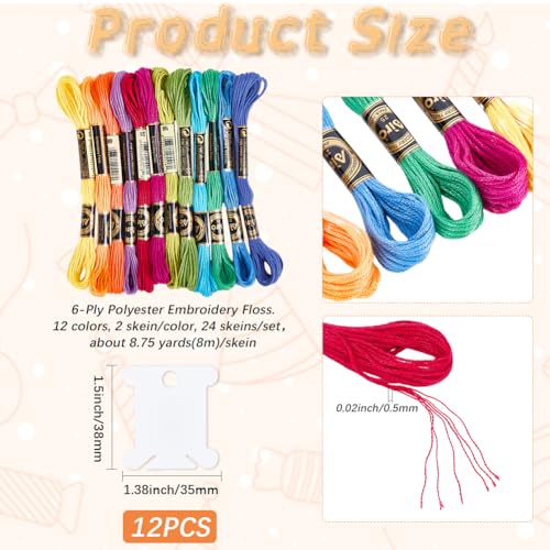 210 Yards 24 Skeins Colorful Cross Stitch Floss Embroidery Threads Polyester Friendship Yarn Rainbow 6 Ply Embroidered String for Sewing Making Bracelets Clothes Stitching Decor Craft DIY - color: Rainbow Color