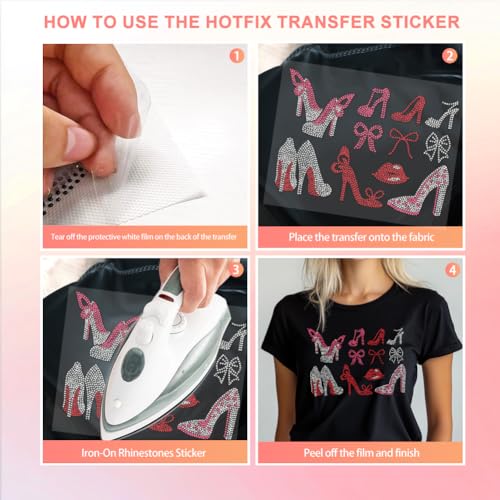 5 Pcs Bat Pattern Iron on Rhinestones Transfer, Bling Crystal Clothing Repair Applique Heat Transfer Patches for T-Shirt Vest Shoes Hat Jacket Pants Bags Decor - color: High Heels and Red Lip