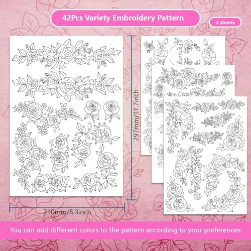 BENECREAT 4 Sheets Roses Sewing Embroidery Stabilizers, 42pcs Flowers Embroidery Paper with Pre-Printed Water Soluble Stabilizer for Embroidery Hand Sewing Lover Beginners - color: Roses