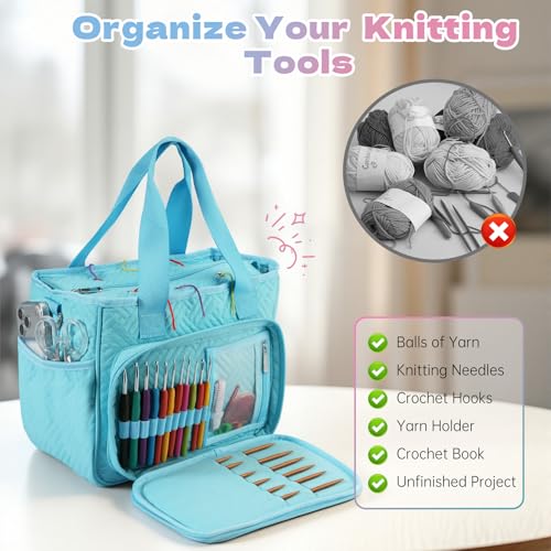 Dadanism Crochet Bag Organizer, Yarn Bag with Handle & Shoulder Strap - color: Blue