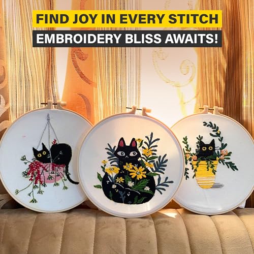 The ZenStore Embroidery Kit for Beginners – Black Cats & Kittens 3 Pattern Set – Complete DIY Needlepoint Kit with Hoops, Thread, Fabric, and Tools – Cute Animal Cat Embroidery Gift - color: Cats & kittens