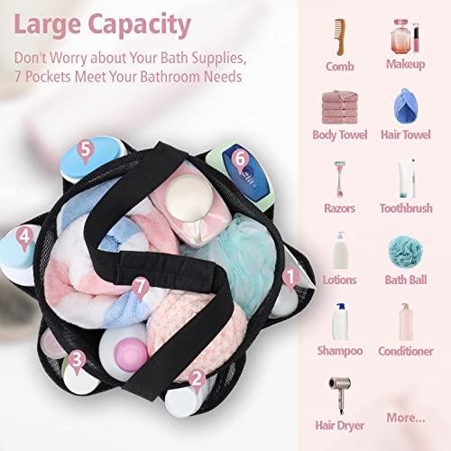 Mesh Shower Caddy Portable - 7 Pockets Large Shower Bag for Dorm, Camping - color: 1 Pack Black, size: L (Round Dorm Caddy)