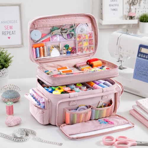 AMOIGEE Puffy Double-Layer Sewing Storage Bag with 2 Clear Organizer Boxes - color: Pink