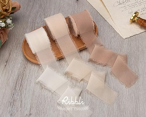 Ribbli Chiffon Silk Ribbon, 1.5 inch x 30 Yard, Cream/Champagne/Beige Fringe Chiffon Ribbon for Wedding Invitations, Bridal Bouquets Wrapping, Flower Arrangement Decoration - color: Cream/Champagne/Beige
