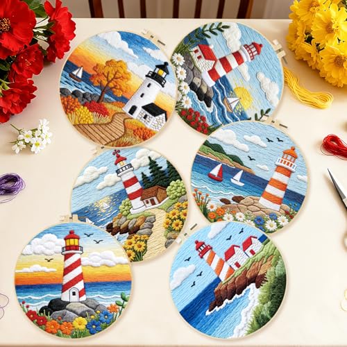 BEUNITONE 6 Set Beginner Embroidery Kit for Adults with Pre-Printed Washable Lighthouse Pattern, DIY Needlepoint Craft Kits for Cloth with Embroidery Hoop and Instruction, Funny Gifts for Home Decor - style: Lighthouse