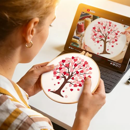 Love Heart Tree Embroidery Kits for Beginners Adults, Valentine's Day Hand Embroidery Kits, Cross Stitch Kits for Adult Anniversary Valentine's Gift, Entire Set of Embroidery Supplies & Video Tutorial - color: H2067