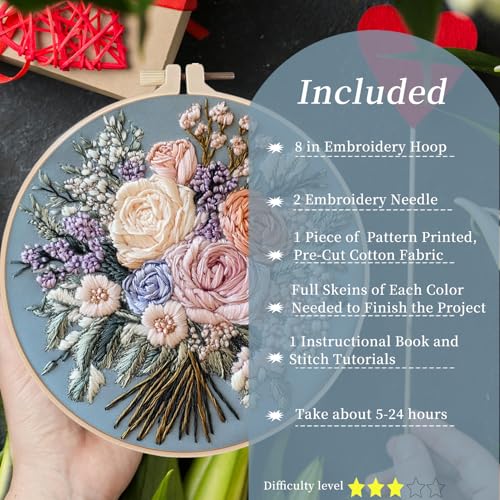 FONNUY Bouquet Flowers Embroidery Kit for Beginners, Pre-Stamped Pattern Kits for Adults with Hoop, Easy to Follow Color Thread Needlework, 8'' Hoop (Captivating Allure) - style: Captivating Allure