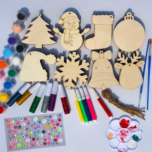 Christmas Craft Painting Kits, 48pcs Wooden Christmas Ornaments, Unfinished Paintable Blank Wood Slice with 8 Styles & Crafts Making Supplies, DIY Xmas Tree Decor Art Activity for Family Fun