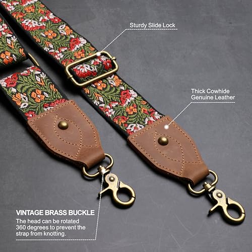 Nefelibata Banjo Strap,2"Wide Double Crazy Horse Leather Jacquard Embroidery Strap Adjustable Replacement,Multi-pattern Strap With Metal Clips - color: A#-green Embroidery