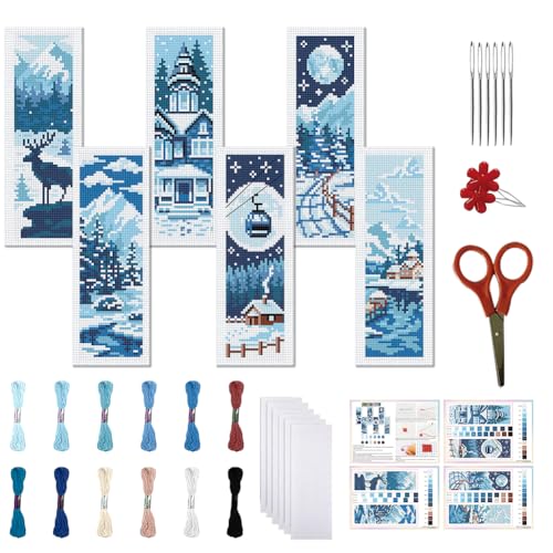 FREEBLOSS 6 Set Cross Stitch Bookmark Kits 11CT 8"x2.4" Snow Scenery - style: Winter Scene