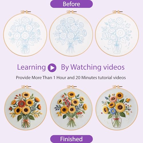 Uniartfy 3 Sets Sunflower Embroidery Kits for Beginners, Needlepoint Kits for Adults, Cross Stitch Kit with Cloth, Hoop, Threads and Instruction, Easy to Learn Embroidery Starter Kit for Craft Lover - color: Embroidery Kit-K