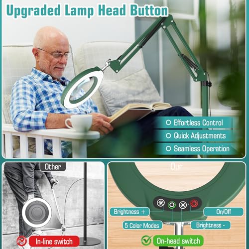 12X Magnifying Glass with Light and Stand, Real Glass Lens (Not Acrylic), 5 Color Modes, Stepless Dimmable, LED 3-in-1 Floor Lamp, Swing Arm with Clamp, Lighted Magnifier Hands Free for Crafts - Green - color: Green