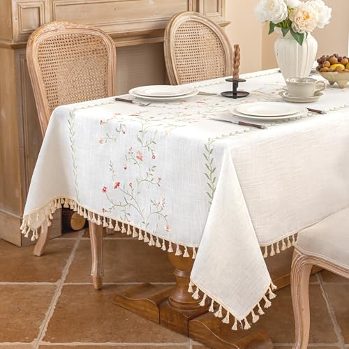 Alsoo Rectangle Tablecloth 55" x 75", Spring Pink Embroidered Table Cloth with Tassels, Farmhouse Rustic Linen Style, Heavy Weight Wrinkle & Spill Resistant Table Cover for Dining Kitchen (4-6 Seats) - color: Pink Flower, size: 75" x 55" (Rectangular)