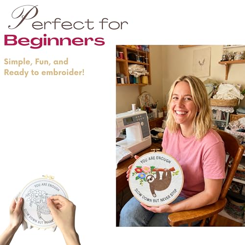 La glaneuse 3 Pack Embroidery Kit for Adult, Beginner Embroidery Kit of Positive Sloth Patterns with Positive Healling Quotes for Mental Healing - color: 3 Pack Positive Sloth