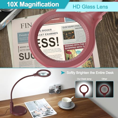 10X Magnifying Glass with Light and Clamp, 5 Color Modes Stepless Dimmable Lighted Magnifier with Stand, Flexible Gooseneck LED Desk Lamp Hands Free for Craft Painting Hobby Close Work - Red - color: Red, size: 10X