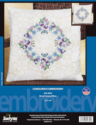 Janlynn Crewel Embroidery Kit, Floral Fantasy Pillow, White