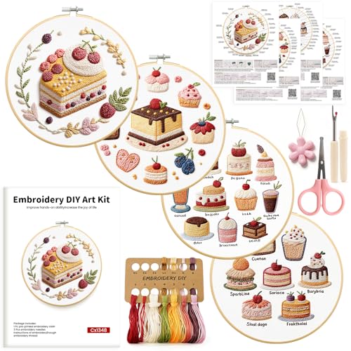 HGEKLIZV Embroidery Kit for Beginners Adults – 4Pcs Pre-Printed Cake & Fruit Patterns, Bamboo Hoop, Threads, Needles, Guide – DIY Hand Embroidery Craft, Home Decor, Gift for Women