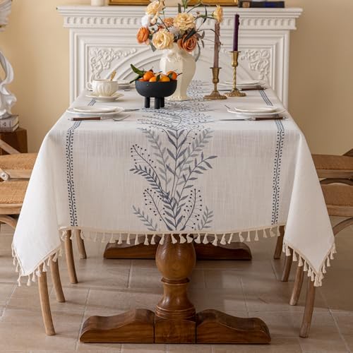 Joyfol Day Rustic Waterproof Linen Tablecloth, Heavy Weight Fern Embroidery Table Cloths for Rectangle Tables, Farmhouse Spill-Proof Table Covers with Tassels, Blue 55''x 86'' - color: Blue Fern, size: 86" x 55" (Rectangular)