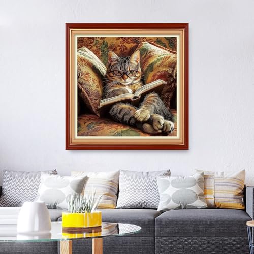 Foxhool Stamped Cross Stitch Kits,11CT Printed Cross Stitch Pattern Full Embroidery Kits for Beginner Needlepoint Kits&Cat Reading 18x18 inch - color: ColorSet13
