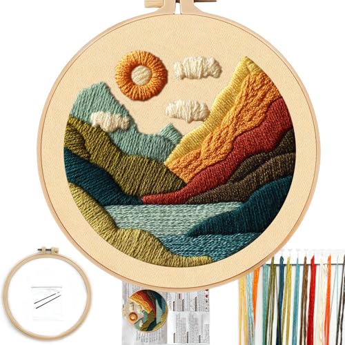 FONNUY Embroidery Kit for Beginners, Textured Vibrant Nature Landscape Pre-Stamped Pattern Kits for Adults with Hoop, Easy to Follow Color Thread Needlework, 8'' Hoop (Green 1) - color: Green 1