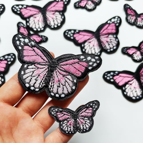 20pcs Butterfly Iron on Patches, 2 Sizes Pink Butterfly Embroidered Patches Applique for Clothes Hats Jeans Jacket - color: Pink butterfly
