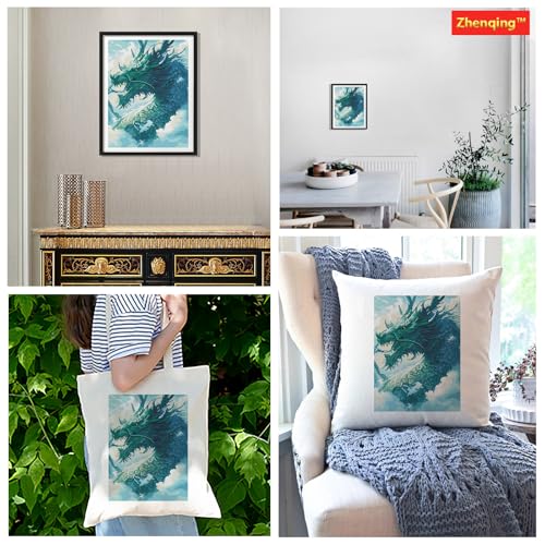 Zhenqing Dragon Stamped Cross Stitch Kit for Beginners, 11CT Printed Full Coverage Blue Green Chinese Dragon Pattern, 40 x 50 cm Fantasy Animal Embroidery Needlework Set, No Hoop Needed - color: Misty Blue Dragon