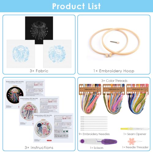 ERKOON 3 Sets Embroidery Kit for Adult, Hummingbird Cross Stitch Set for Beginner Include Embroidery Cloth Hoops Threads for Craft Lover Hand Stitch (Jellyfish) - color: Jellyfish