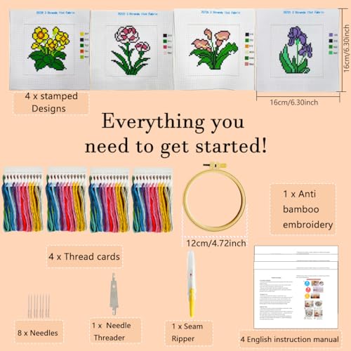 Zhenqing 4 Pack Floral Stamped Cross Stitch Kit, 11CT Printed Primrose Carnation Calla Lily Iris Patterns with 12 cm Hoop, Tools, DIY Botanical Embroidery Set for Adults - color: Floral-4 Piece-2