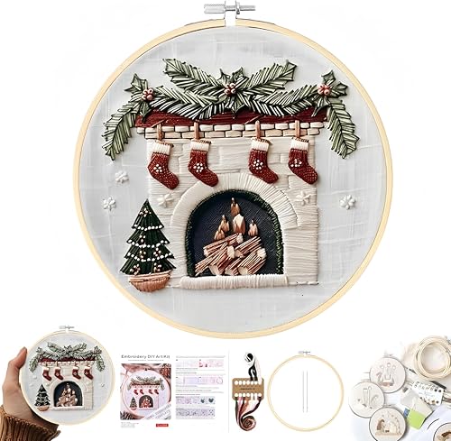 Christmas Embroidery Kit DIY Hand Embroidery Starter Cross Stitch Kits, Christmas Ornaments Embroidery with Stamped Pattern,Cotton,Threads,Needles,Instructions for Adults Beginners (Fireplace 2) - color: Fireplace 2
