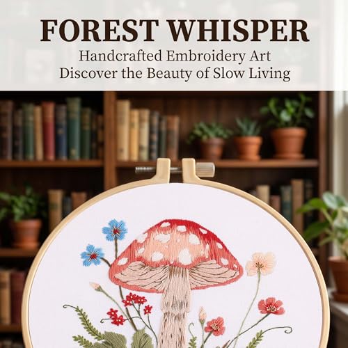 Harimau Adult Beginner Embroidery Starter Kit, Complete Set with 4 Patterns, 2 Hoops, Needles, Scissors, Instruction Guide & Stitching Video Tutorials - color: Mushroom2 pattern