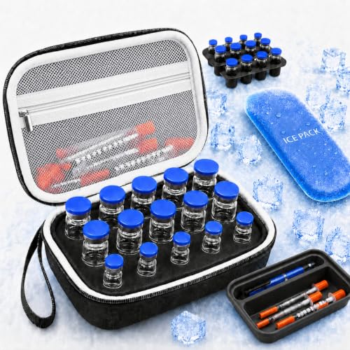 Peptide Case for Fridge Travel with 1* Reusable Ice Pack - color: Black+Black- 5×3ml+10×(5ml/10ml)