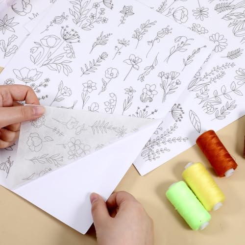 ElevateTech Embroidery Patterns Water Soluble Stabilizer for Embroidery Stick & Stitch Embroidery-Paper Wash Away Stabilizers with Pre-Printed Flower Leaves Plant Patterns for Hand Sewing, 4 Sheets