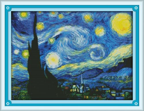 IUHUI 14 Count Stamped Cross Stitch Kits for Beginners Adults, The Starry Night of Van Gogh Pre-Printed DIY 14ct Embroidery Sewing Starter Kit Needlework Easy Patterns Famous Paintings - color: Starry Night